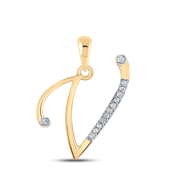 10k Yellow Gold Womens Round Diamond V Initial Letter Pendant 1/20 Cttw