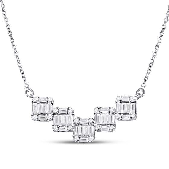 14k White Gold Womens Round Baguette Diamond Square Pendant Necklace 1/2 Cttw