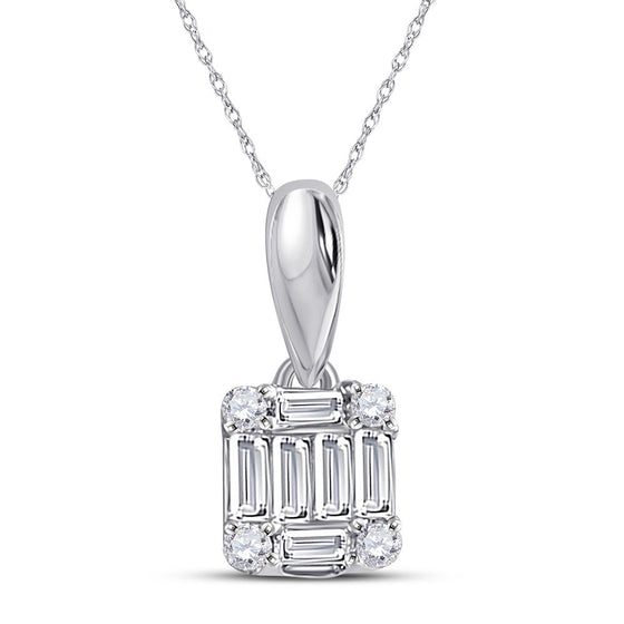 14k White Gold Womens Baguette Diamond Fashion Cluster Pendant 1/8 Cttw