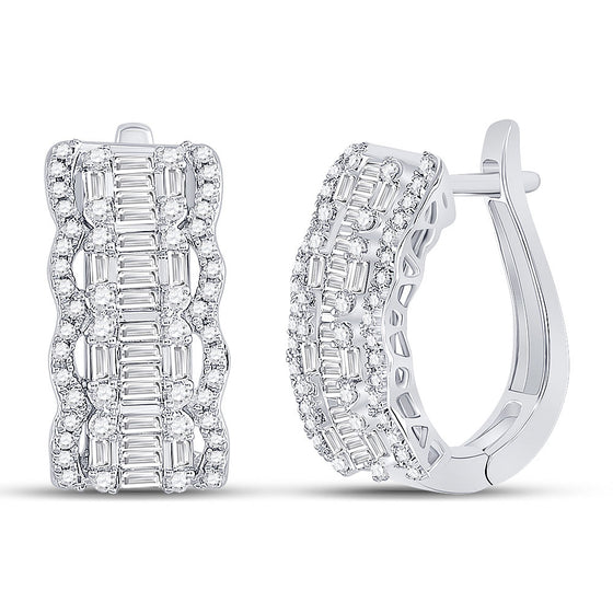 14k White Gold Womens Baguette Diamond Fashion Hoop Earrings 1-5/8 Cttw