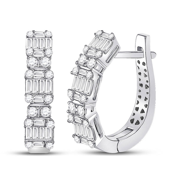 14k White Gold Womens Baguette Diamond Fashion Hoop Earrings 1 Cttw