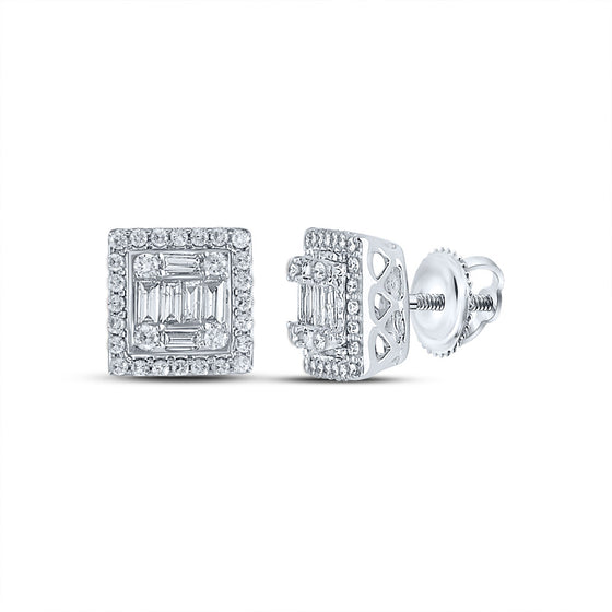 14k White Gold Womens Baguette Diamond Square Cluster Earrings 3/8 Cttw