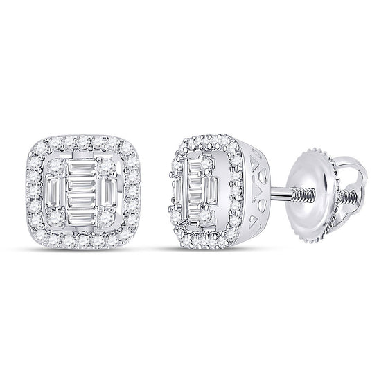 14k White Gold Womens Baguette Diamond Fashion Cushion Cluster Earrings 3/8 Cttw