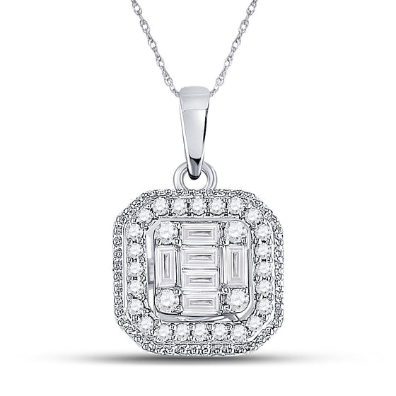 14k White Gold Womens Baguette Diamond Fashion Cluster Pendant 1/4 Cttw