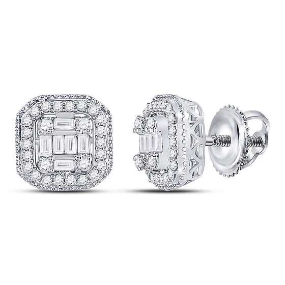 14k White Gold Womens Baguette Diamond Fashion Cluster Earrings 3/8 Cttw