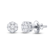  10k White Gold Womens Round Diamond Flower Cluster Earrings 1/10 Cttw