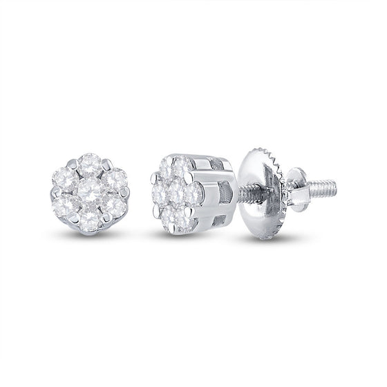10k White Gold Womens Round Diamond Flower Cluster Earrings 1/10 Cttw