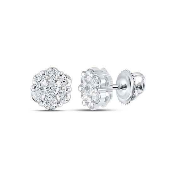10k White Gold Womens Round Diamond Flower Cluster Earrings 1/2 Cttw