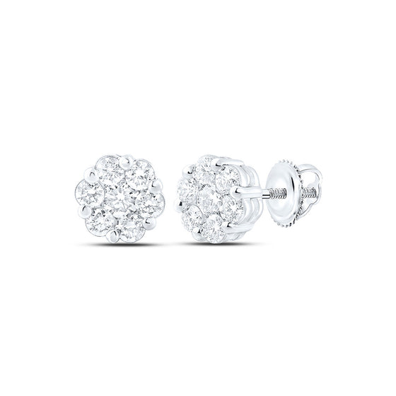 14k White Gold Womens Round Diamond Flower Cluster Earrings 1-1/5 Cttw