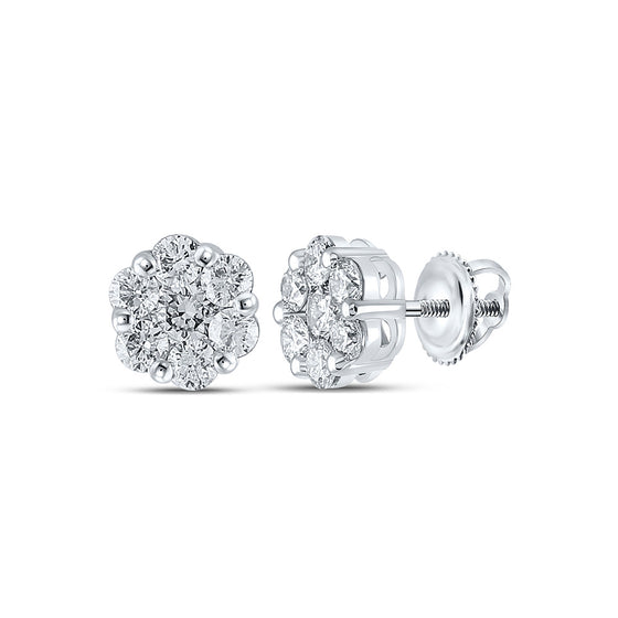 14k White Gold Womens Round Diamond Flower Cluster Earrings 1-3/4 Cttw