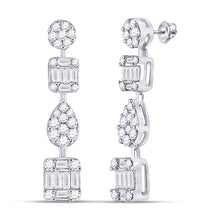  14k White Gold Womens Round Diamond Baguette Square Dangle Earrings 1-1/3 Cttw