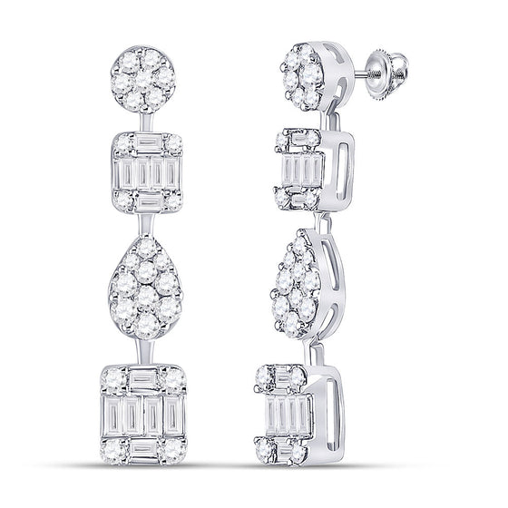 14k White Gold Womens Round Diamond Baguette Square Dangle Earrings 1-1/3 Cttw