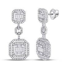  14k White Gold Womens Baguette Diamond Octagon Dangle Earrings 1-1/2 Cttw