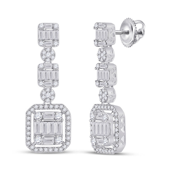 14k White Gold Womens Baguette Diamond Dangle Earrings 1-1/2 Cttw