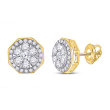  14k Yellow Gold Round Diamond Octagon Cluster Earrings 1 Cttw