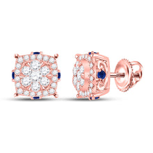  14k Rose Gold Womens Round Diamond Blue Sapphire Cluster Earrings 5/8 Cttw