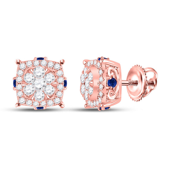 14k Rose Gold Womens Round Diamond Blue Sapphire Cluster Earrings 5/8 Cttw