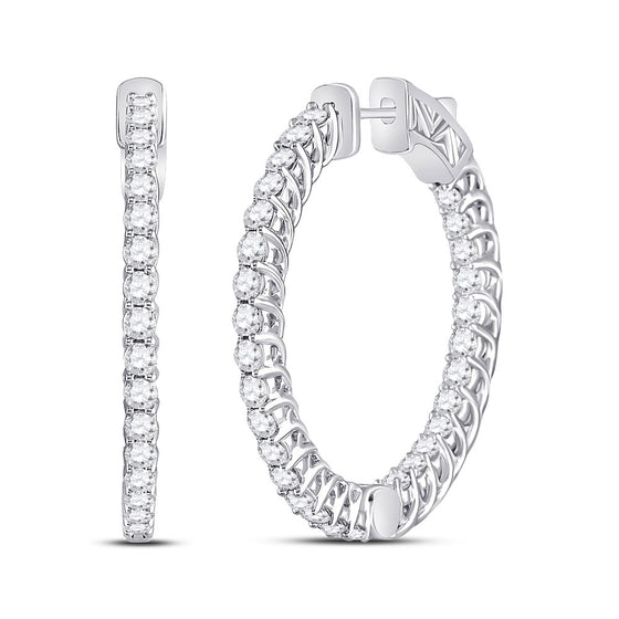 14k White Gold Womens Round Diamond Single Row Hoop Earrings 3 Cttw