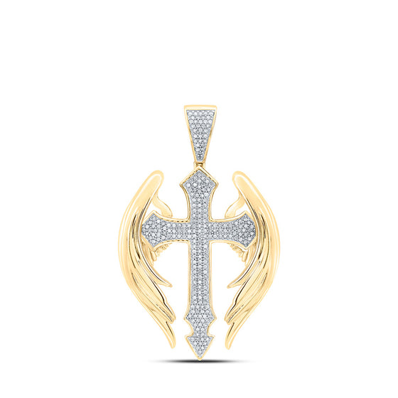 10k Yellow Gold Mens Round Diamond Wings Cross Charm Pendant 1/2 Cttw