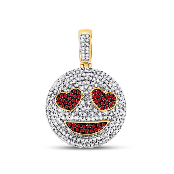 10k Yellow Gold Mens Round Ruby Emoji Smiley Heart Charm Pendant 1-1/3 Cttw