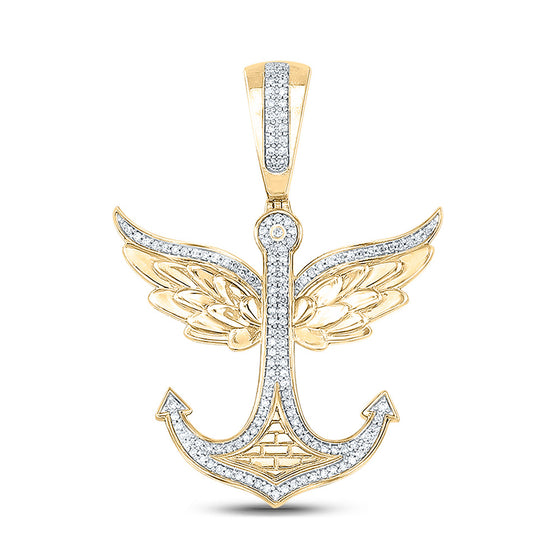 10k Yellow Gold Mens Round Diamond Anchor Wings Charm Pendant 1/3 Cttw