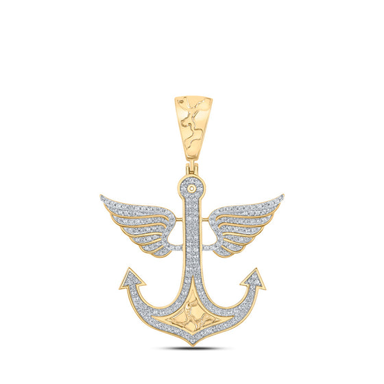 10k Yellow Gold Mens Round Diamond Anchor Wing Charm Pendant 1/2 Cttw