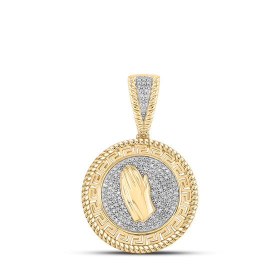 10k Yellow Gold Mens Round Diamond Prayer Hands Medallion Charm Pendant 3/8 Cttw