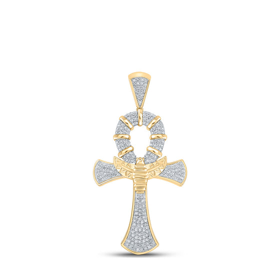 10k Yellow Gold Mens Round Diamond Ankh Cross Charm Pendant 1/2 Cttw