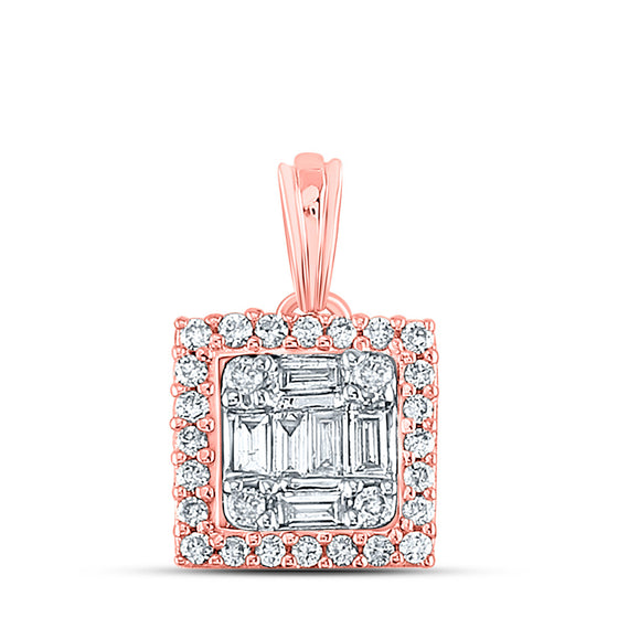 14k Rose Gold Womens Baguette Round Diamond Square Pendant 1/5 Cttw