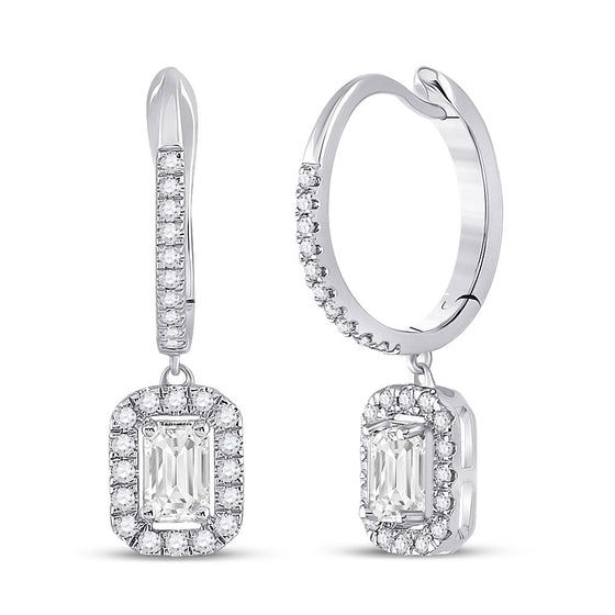 14k White Gold Womens Emerald Diamond Hoop Dangle Earrings 1 Cttw