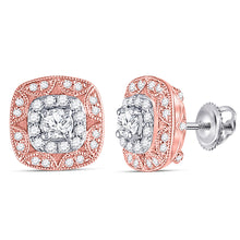  14k Two-tone Gold Womens Round Diamond Square Halo Earrings 1/2 Cttw