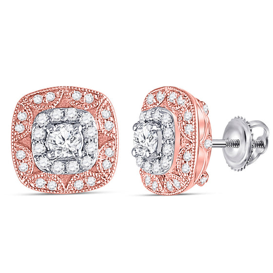 14k Two-tone Gold Womens Round Diamond Square Halo Earrings 1/2 Cttw