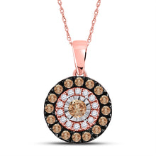  14k Rose Gold Womens Round Brown Diamond Halo Solitaire Pendant 3/8 Cttw