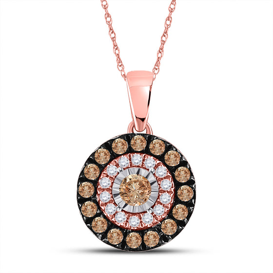 14k Rose Gold Womens Round Brown Diamond Halo Solitaire Pendant 3/8 Cttw