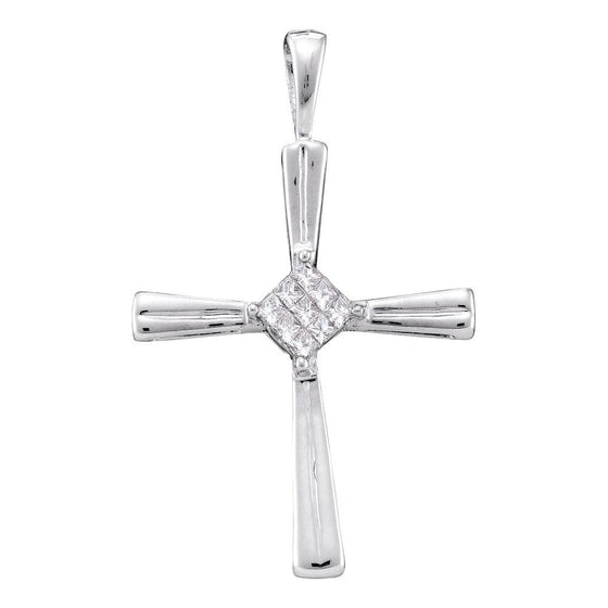 14k White Gold Womens Princess Diamond Cross Pendant 1/10 Cttw