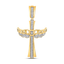  10k Yellow Gold Mens Round Diamond Angel Wing Cuban Link Cross Charm Pendant 3/8 Cttw