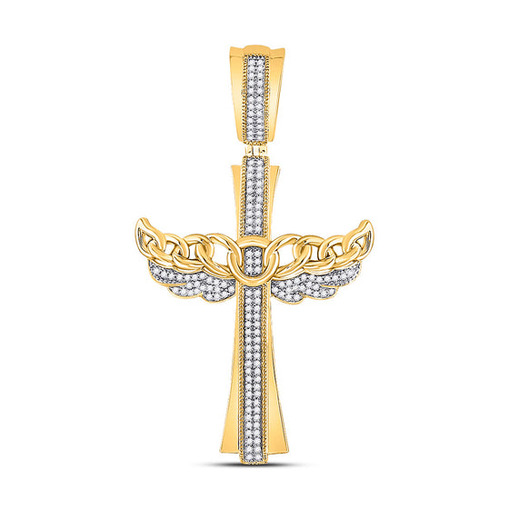 10k Yellow Gold Mens Round Diamond Angel Wing Cuban Link Cross Charm Pendant 3/8 Cttw