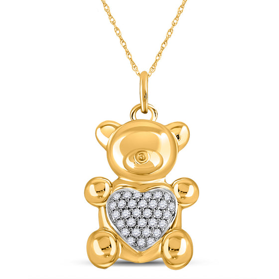 10k Yellow Gold Womens Round Diamond Bear Heart Animal Pendant 1/10 Cttw