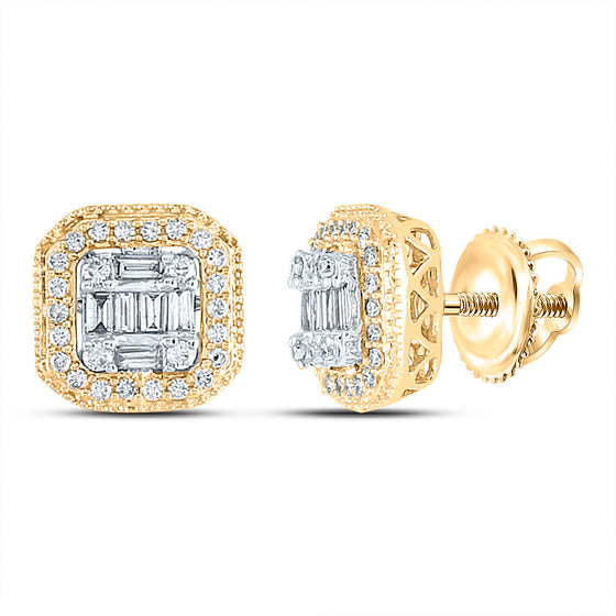 14k Yellow Gold Womens Baguette Diamond Cluster Fashion Earrings 3/8 Cttw
