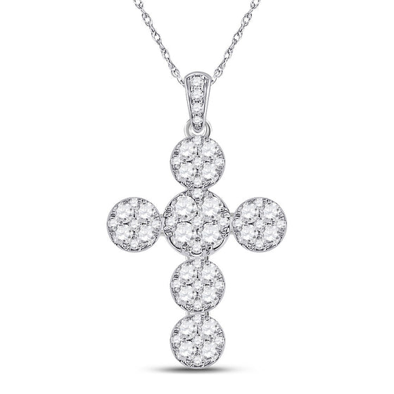 14k White Gold Womens Round Diamond Cluster Cross Pendant 1-1/3 Cttw