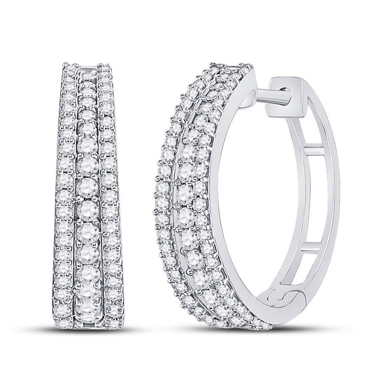 14k White Gold Womens Round Diamond Fashion Tapered Hoop Earrings 1 Cttw