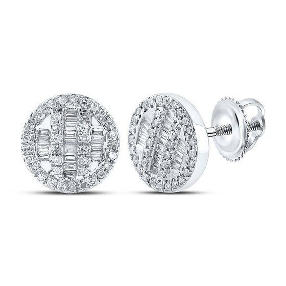 10k White Gold Baguette Diamond Circle Cluster Earrings 1/3 Cttw