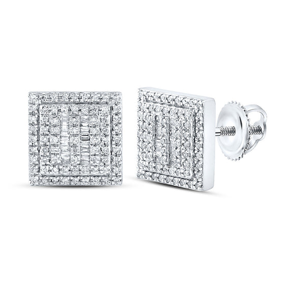 10k White Gold Baguette Diamond Square Earrings 1/2 Cttw