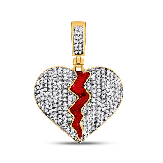 10k Yellow Gold Mens Round Diamond Broken Split Heart Charm Pendant 3/4 Cttw