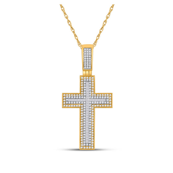 10k Yellow Gold Mens Baguette Diamond Cross Charm Pendant 1-1/2 Cttw