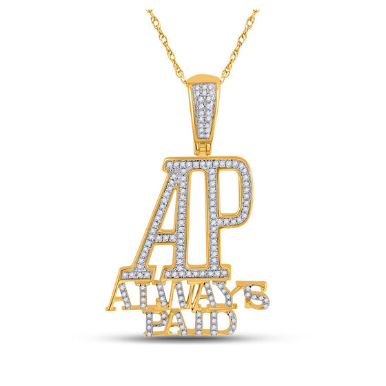 10k Yellow Gold Mens Round Diamond Always Paid Phrase Charm Pendant 1/2 Cttw
