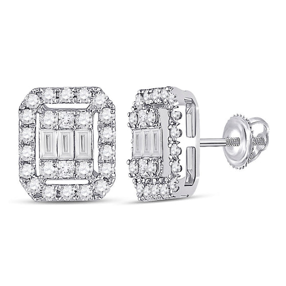 14k White Gold Womens Baguette Diamond Rectangle Cluster Earrings 1/2 Cttw