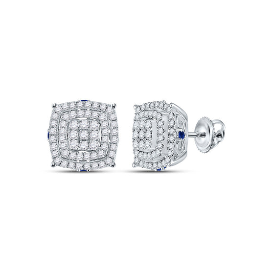 14k White Gold Womens Round Diamond Blue Sapphire Square Earrings 7/8 Cttw