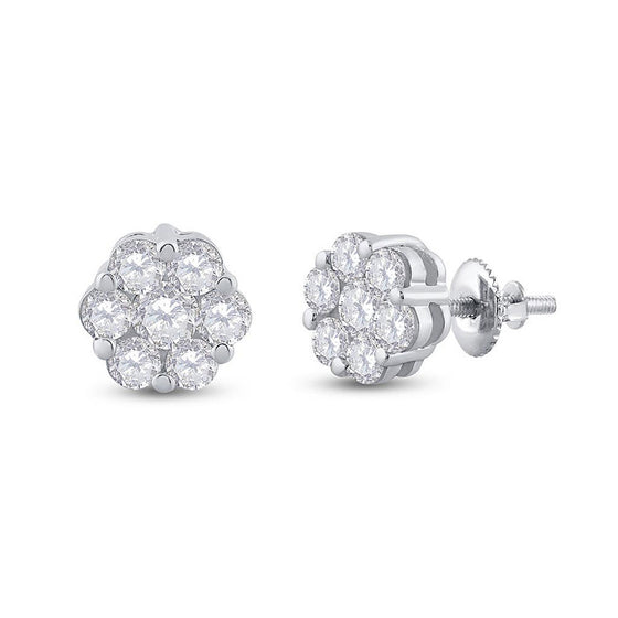 14k White Gold Womens Round Diamond Flower Cluster Earrings 3/4 Cttw