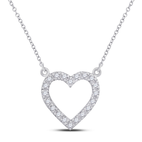 10k White Gold Womens Round Diamond Heart Necklace 1/12 Cttw